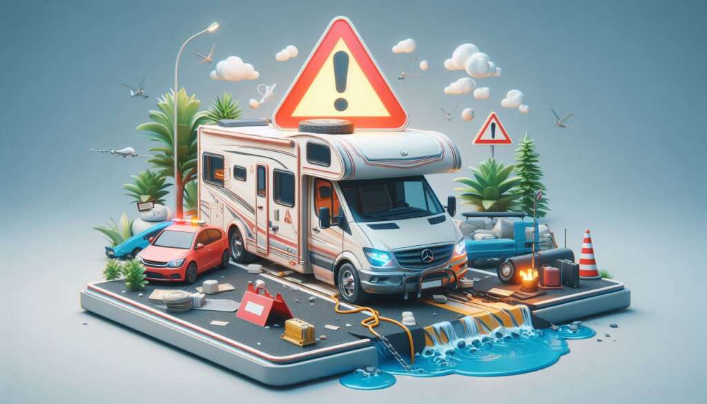 Zeigen ein Wohnmobil mit einer Panne und einem Warndreieck. Thema Wohnmobil Schutzbrief – sinnvoll 2