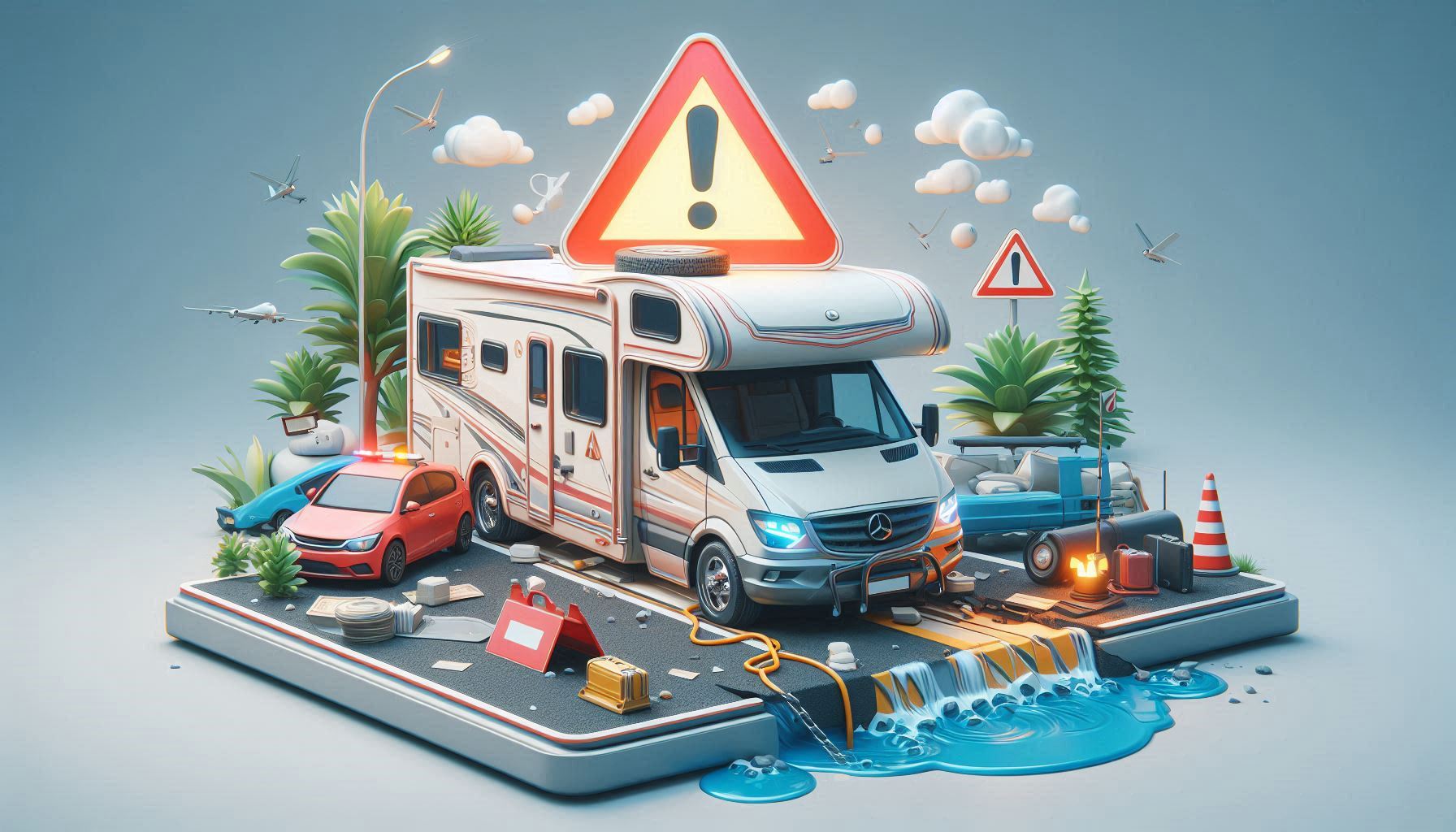 Zeigen ein Wohnmobil mit einer Panne und einem Warndreieck. Thema Wohnmobil Schutzbrief – sinnvoll 2